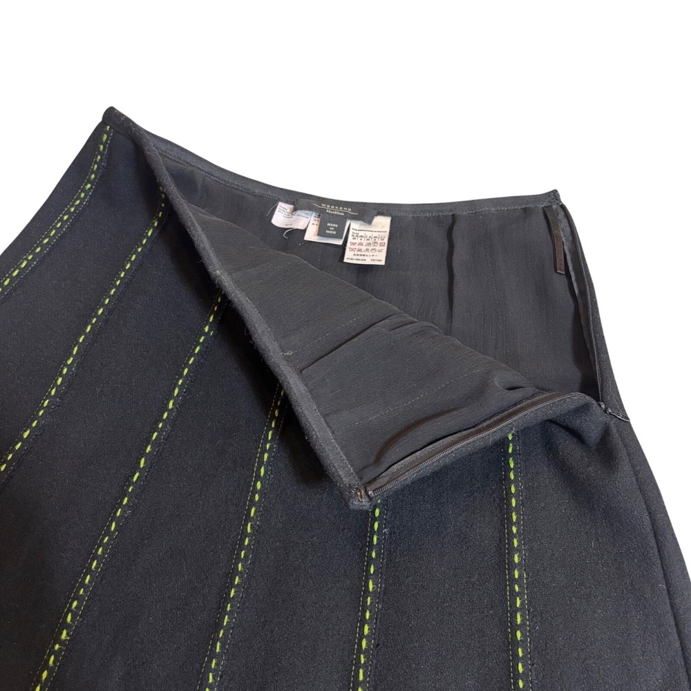 Weekend Max Mara Black panel A Line wool Skirt green Stitch Leather mini sz 6 - Picture 2 of 6
